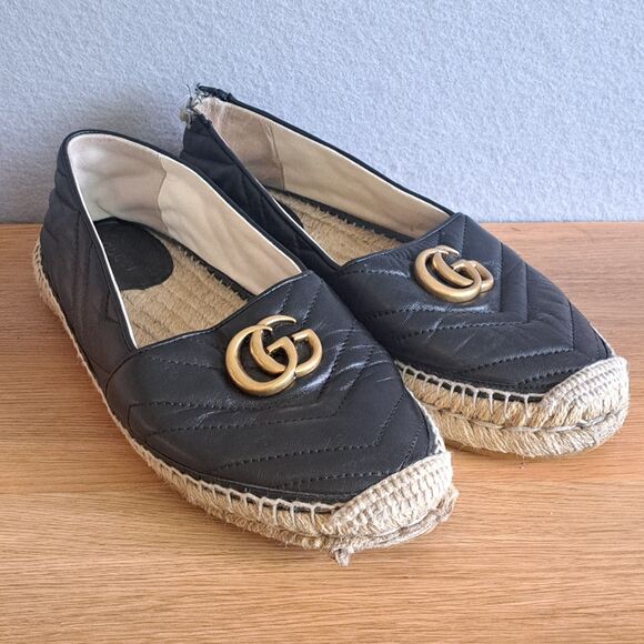 Gucci Pilar Quilted Women’s 38 Black Leather Marmont Flat Espadrilles CC  *FLAW* - Picture 1 of 12